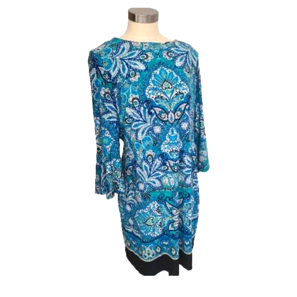 Chaps knee length multicolor belle sleeve Stretchy Dress US 12